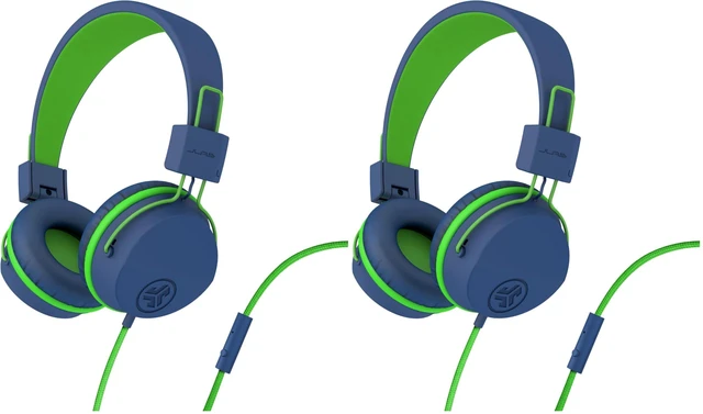 Main image of JBuddies Studio Kids on-Ear Wired Headphones with mic, Volume Limiter, Folding, Adjustable, Noise Isolation, Blue/Green (Pack of 2)