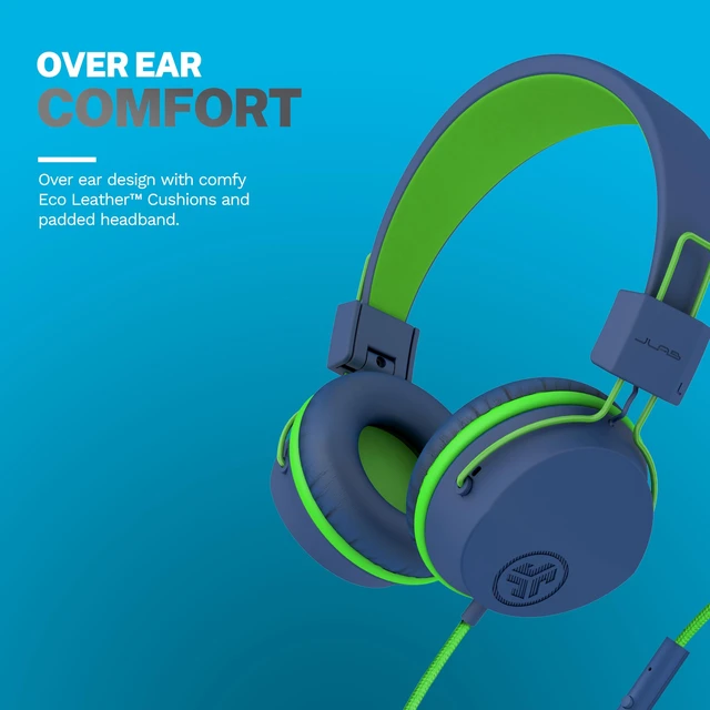 Alt view image 2 of 4 - JBuddies Studio Kids on-Ear Wired Headphones with mic, Volume Limiter, Folding, Adjustable, Noise Isolation, Blue/Green (Pack of 2)