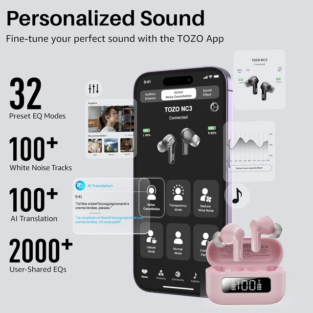 Alt view image 6 of 7 - Hybrid Active Noise Cancelling in Ear Wireless Earbuds, 68H Playtime 6 Mics AI Clear Calls, LED Display, 32 Preset EQs App, Bluetooth 5.3 Headphones, IPX8 Waterproof, Comfort Fit Ear Buds Pink