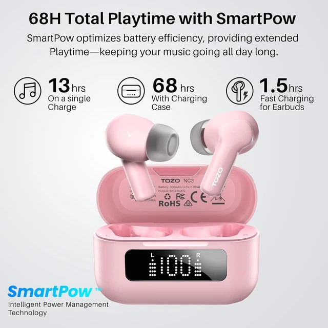 Alt view image 4 of 7 - Hybrid Active Noise Cancelling in Ear Wireless Earbuds, 68H Playtime 6 Mics AI Clear Calls, LED Display, 32 Preset EQs App, Bluetooth 5.3 Headphones, IPX8 Waterproof, Comfort Fit Ear Buds Pink