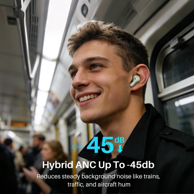 Alt view image 3 of 7 - Hybrid Active Noise Cancelling in Ear Wireless Earbuds, 68H Playtime 6 Mics AI Clear Calls, LED Display, 32 Preset EQs App, Bluetooth 5.3 Headphones, IPX8 Waterproof, Comfort Fit Ear Buds Green