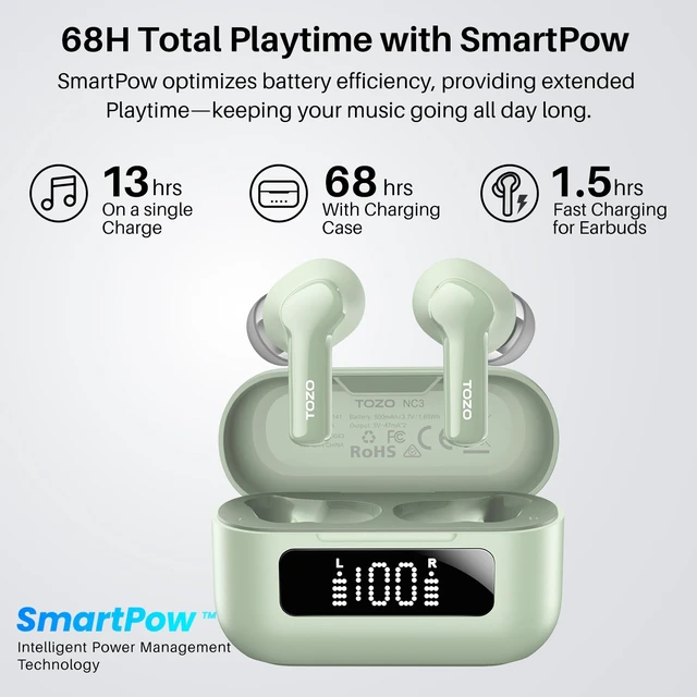 Alt view image 4 of 7 - Hybrid Active Noise Cancelling in Ear Wireless Earbuds, 68H Playtime 6 Mics AI Clear Calls, LED Display, 32 Preset EQs App, Bluetooth 5.3 Headphones, IPX8 Waterproof, Comfort Fit Ear Buds Green