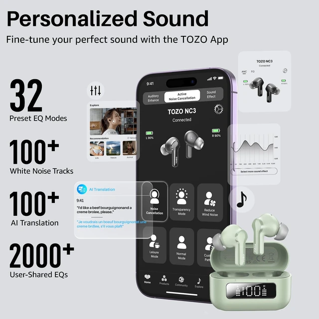 Alt view image 6 of 7 - Hybrid Active Noise Cancelling in Ear Wireless Earbuds, 68H Playtime 6 Mics AI Clear Calls, LED Display, 32 Preset EQs App, Bluetooth 5.3 Headphones, IPX8 Waterproof, Comfort Fit Ear Buds Green