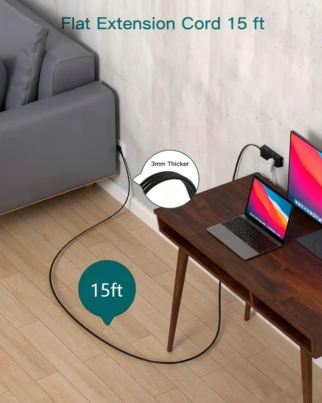 Alt view image 4 of 7 - Flat Plug Power Strip with 6 Outlet Extender, 15 FT Extension Cord Flat Wall Plug with Multiple Outlets, No Surge Protector for Cruise Ship, Travel, Dorm, Home Office, Cruise Essentials, Black