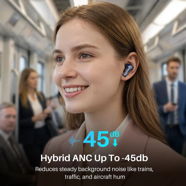 Alt view image 3 of 7 - Hybrid Active Noise Cancelling in Ear Wireless Earbuds, 68H Playtime 6 Mics AI Clear Calls, LED Display, 32 Preset EQs App, Bluetooth 5.3 Headphones, IPX8 Waterproof, Comfort Fit Ear Buds Blue