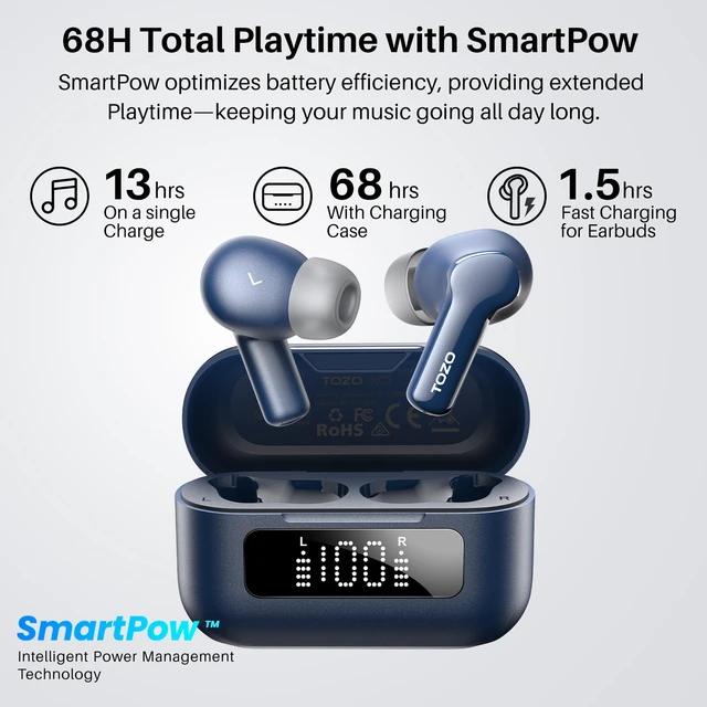 Alt view image 4 of 7 - Hybrid Active Noise Cancelling in Ear Wireless Earbuds, 68H Playtime 6 Mics AI Clear Calls, LED Display, 32 Preset EQs App, Bluetooth 5.3 Headphones, IPX8 Waterproof, Comfort Fit Ear Buds Blue