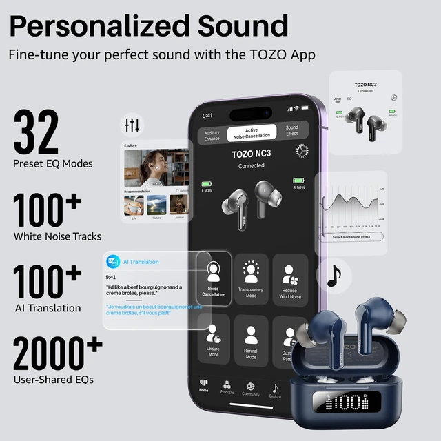 Alt view image 6 of 7 - Hybrid Active Noise Cancelling in Ear Wireless Earbuds, 68H Playtime 6 Mics AI Clear Calls, LED Display, 32 Preset EQs App, Bluetooth 5.3 Headphones, IPX8 Waterproof, Comfort Fit Ear Buds Blue