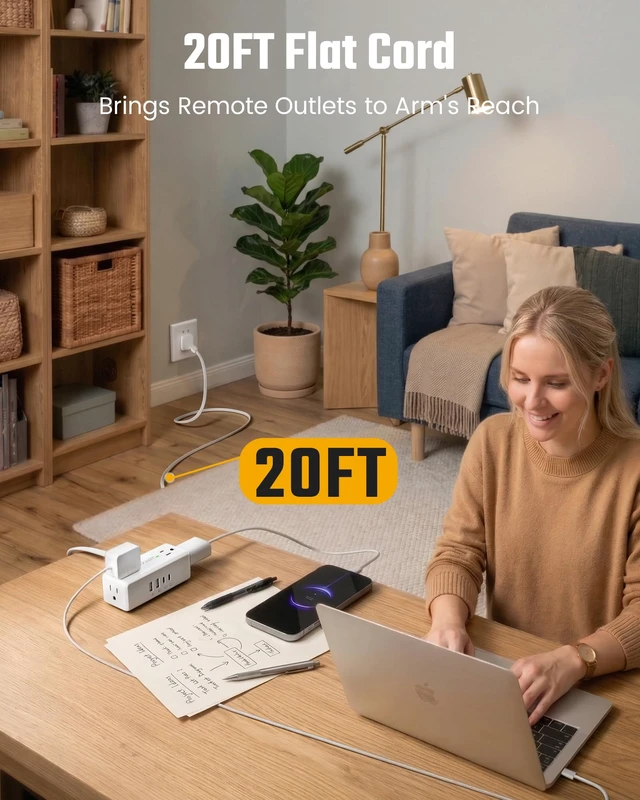 Alt view image 3 of 7 - 20Ft Long Extension Cord, Flat Plug Surge Protector Power Strip Charging Station with 4 Outlets & 4 USB (2 USB C) Wall Mountable Outlet Extender for Home Office College Dorm Room Essentials