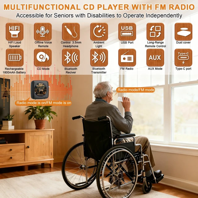 Alt view image 7 of 7 - CD Player Portable Bluetooth: Offline Voice Control CD Players for Home with Remote Voice Control CD Player with Speakers with FM Radio Remote