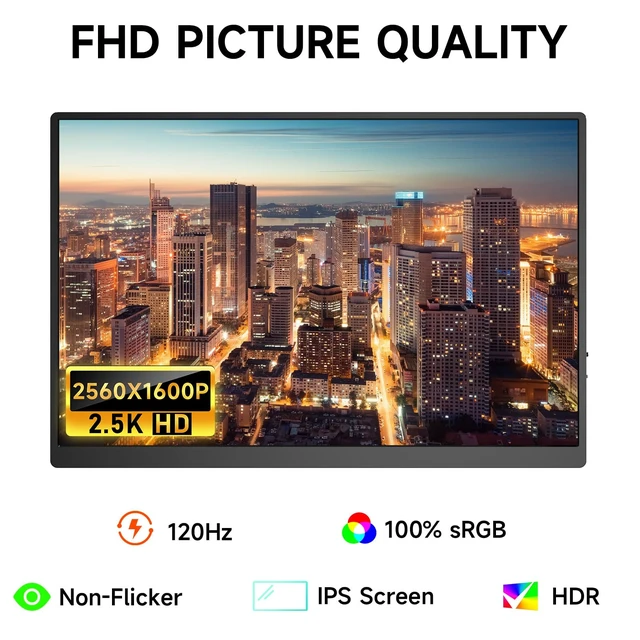 Alt view image 3 of 7 - 16" 2.5K 120Hz Portable Monitor, 2560x1600 HDR IPS Display, QHD 100% sRGB, USB-C & HDMI, Eye Care External Second Screen, for Laptop/PC/Phone/PS4/5/Xbox/Switch