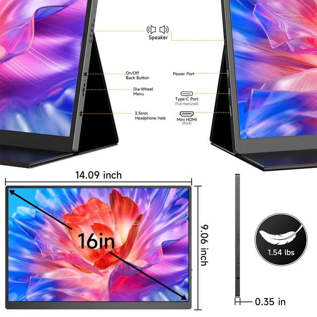 Alt view image 7 of 7 - 16" 2.5K 120Hz Portable Monitor, 2560x1600 HDR IPS Display, QHD 100% sRGB, USB-C & HDMI, Eye Care External Second Screen, for Laptop/PC/Phone/PS4/5/Xbox/Switch