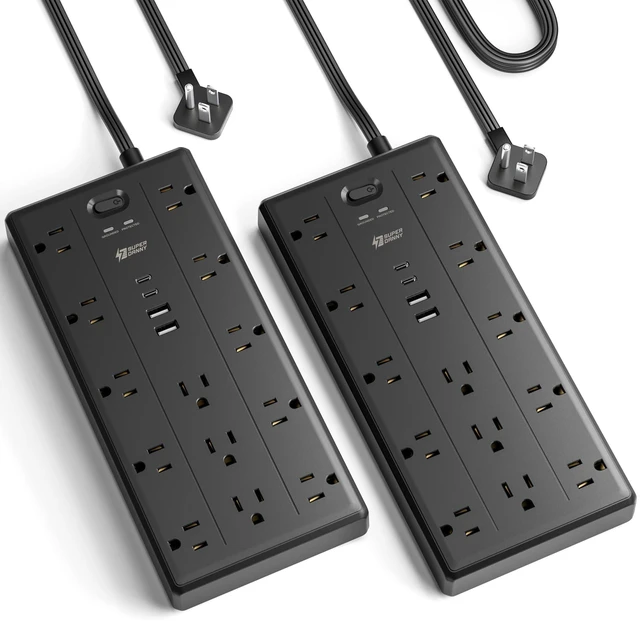 Main image of 6Ft Extension Cord with Multiple Outlets, 2 Pack Power Strip 2100J, 13AC 2 USB C 2 USB A Charging Ports, Flat Plug Surge Protector, Desk Charging Station, Home Office, College Dorm Room