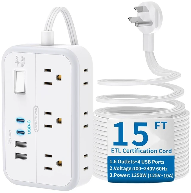 Main image of Flat Extension Cord 15 ft, Surge Protector Power Strip with 6 Widely Outlets 4 USB Ports(2 USB C), Flat Plug, Wall Mounted, Side Outlet Extender for Indoor, Home Office, Dorm Room Essentials