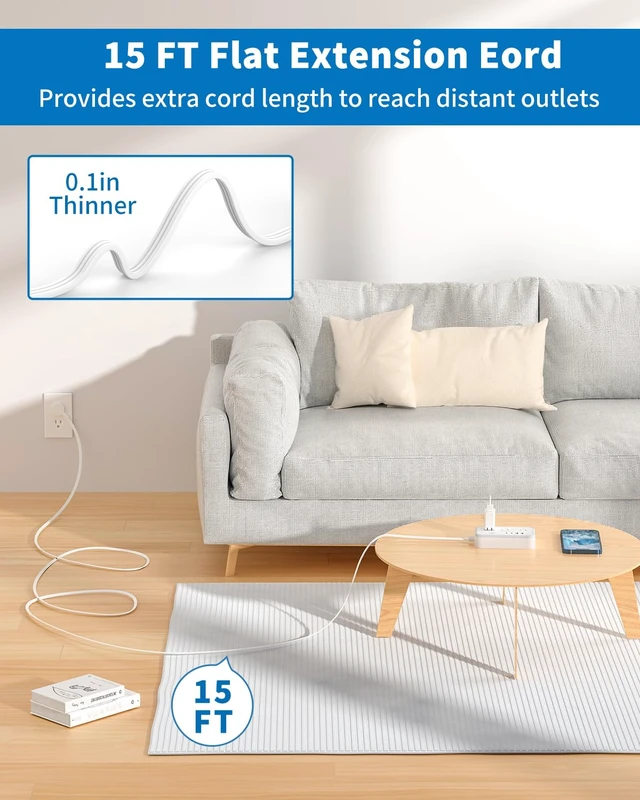 Alt view image 2 of 7 - Flat Extension Cord 15 ft, Surge Protector Power Strip with 6 Widely Outlets 4 USB Ports(2 USB C), Flat Plug, Wall Mounted, Side Outlet Extender for Indoor, Home Office, Dorm Room Essentials