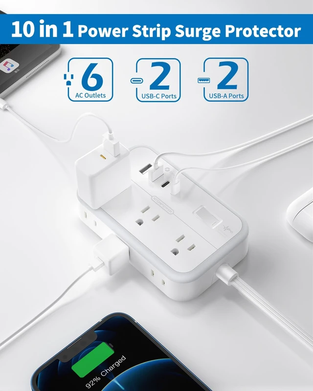 Alt view image 3 of 7 - Flat Extension Cord 15 ft, Surge Protector Power Strip with 6 Widely Outlets 4 USB Ports(2 USB C), Flat Plug, Wall Mounted, Side Outlet Extender for Indoor, Home Office, Dorm Room Essentials
