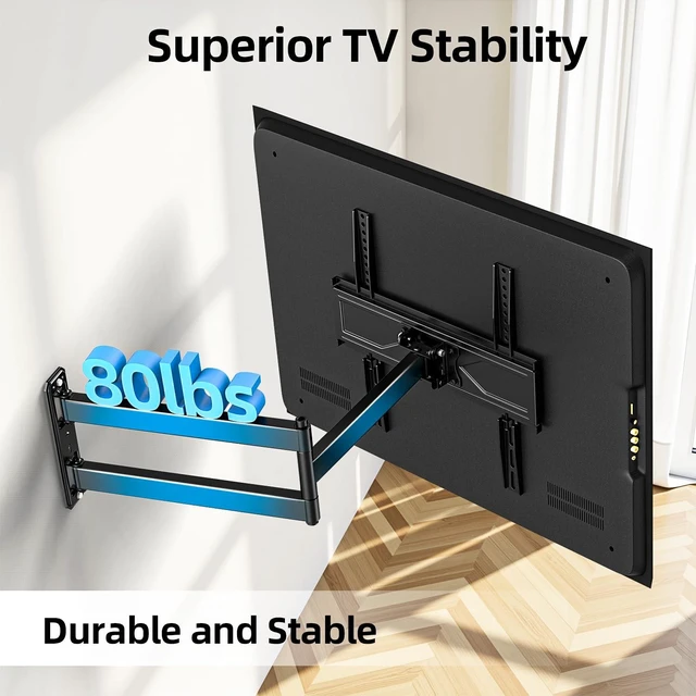 Alt view image 2 of 7 - Corner TV Wall Mount Long Arm Full Motion for 42 50 55 65 inch TVs UL Listed, Fit 32-70" TV, Hold 80lbs, Swivel 180°, Tilt +5/-12°, Level +/-4°, 32" Arm Extension, VESA400x400mm, Single Stud
