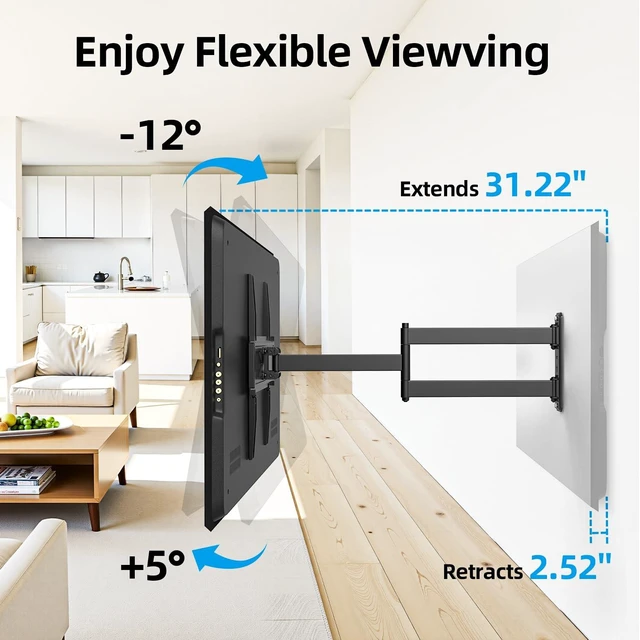 Alt view image 4 of 7 - Corner TV Wall Mount Long Arm Full Motion for 42 50 55 65 inch TVs UL Listed, Fit 32-70" TV, Hold 80lbs, Swivel 180°, Tilt +5/-12°, Level +/-4°, 32" Arm Extension, VESA400x400mm, Single Stud
