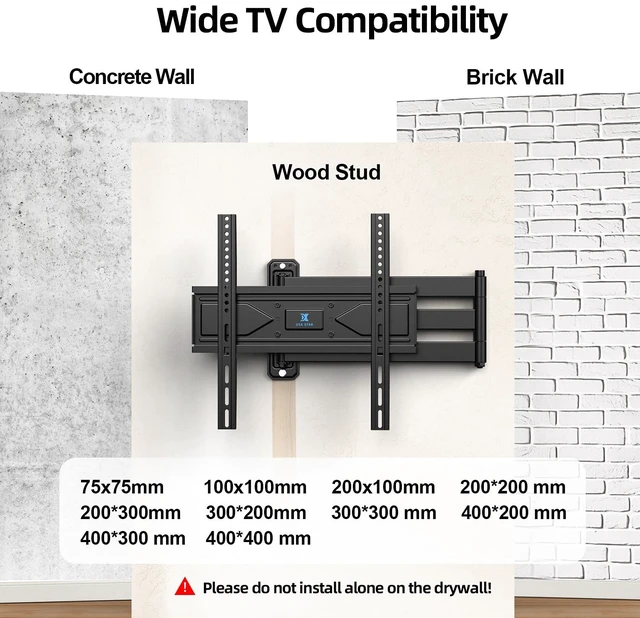 Alt view image 6 of 7 - Corner TV Wall Mount Long Arm Full Motion for 42 50 55 65 inch TVs UL Listed, Fit 32-70" TV, Hold 80lbs, Swivel 180°, Tilt +5/-12°, Level +/-4°, 32" Arm Extension, VESA400x400mm, Single Stud