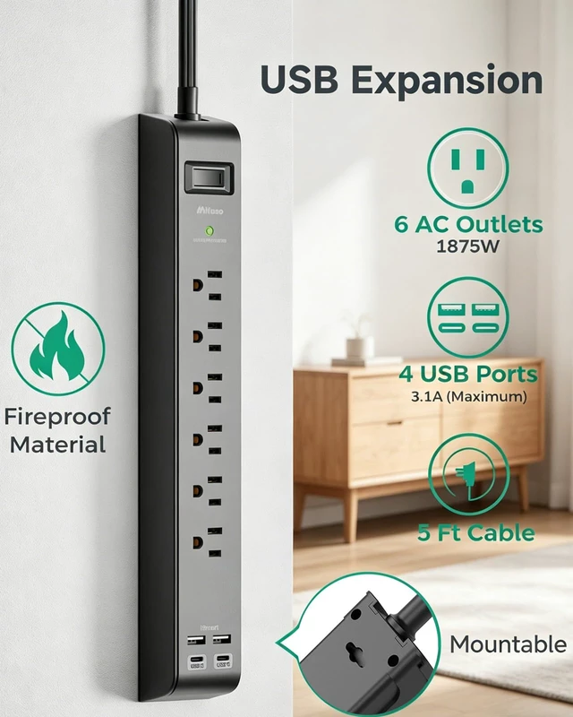 Alt view image 2 of 6 - 2 Pack Power Strips Surge Protector 5FT Extension Cord with Multiple Outlet 6 Outlets 4 USB Charging Ports, Flat Plug, Overload Protection, Wall Mount for Home Dorm Office