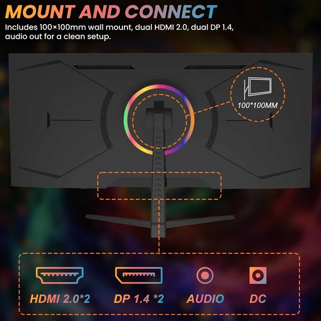 Alt view image 7 of 7 - 34 Inch Ultrawide Gaming Monitor, 165Hz UWQHD 4K Flat Screen FreeSync, PIP/PBP Mode, Dual HDMI 2.0 & DP 1.4, VESA, Assist Crosshair