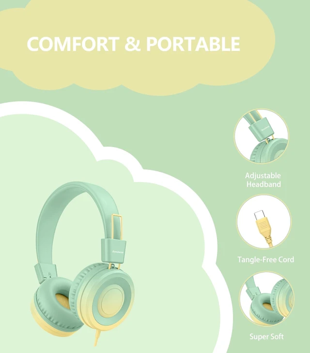 Alt view image 4 of 6 - USB Type C Kids Headphone for School, 94dB Safe Volume Limited, Foldable Stereo Sound Tangle-Free Type C Cord, On-Ear Headphones for Boys/Girls/Students/Tablet/Travel(Gradient Green)