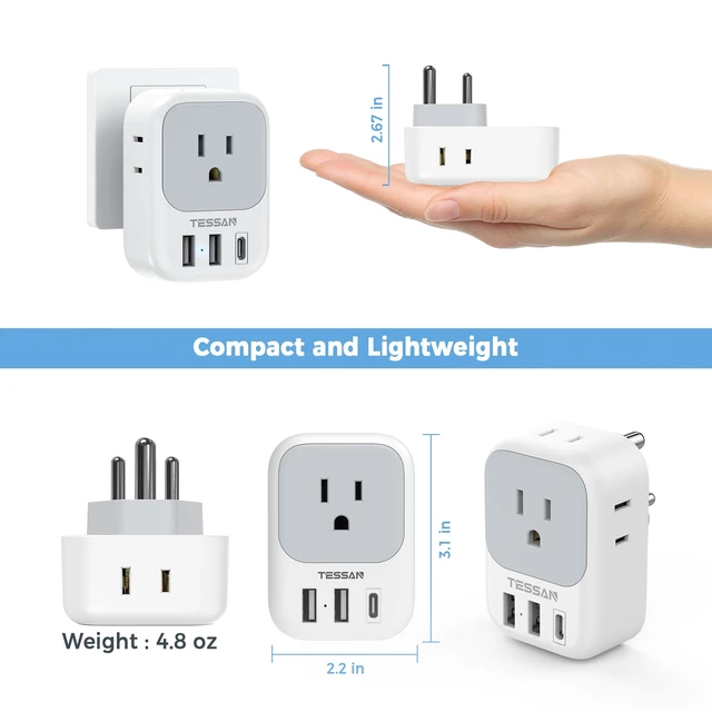 Alt view image 5 of 6 - US to India Plug Adapter, Type D Travel Adaptor 4 American Outlets,3 USB Charger(1 USBC), for Bangladesh, Maldives, Nepal, Pakistan