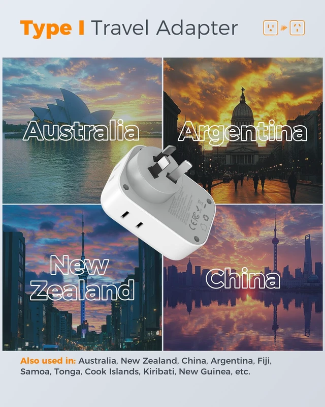 Alt view image 2 of 7 - US to Australia Plug Adapter Type I Travel Adaptor 4 American Outlets, 3 USB Ports (1 USB C 20W), For USA to Australian Argentina China Fiji Samoa, New Zealand Power Adapter