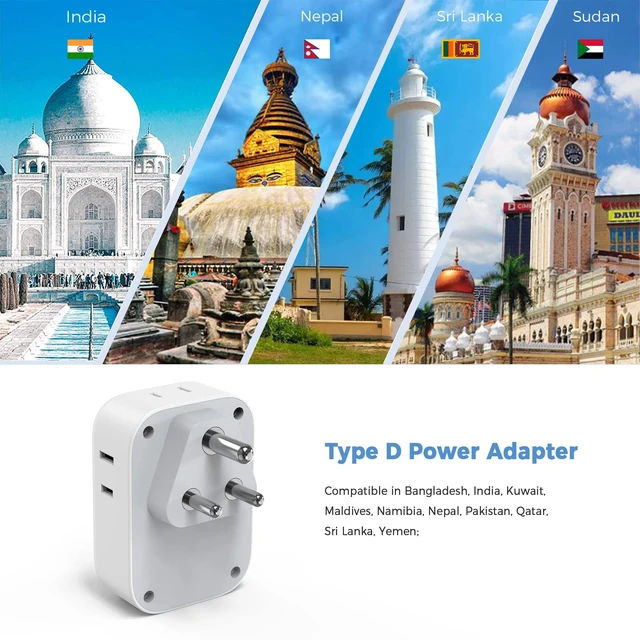 Alt view image 3 of 6 - US to India Plug Adapter, Type D Travel Adaptor 4 American Outlets,3 USB Charger(1 USBC), for Bangladesh, Maldives, Nepal, Pakistan