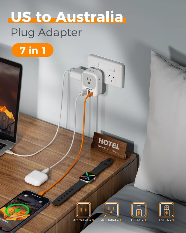 Alt view image 4 of 7 - US to Australia Plug Adapter Type I Travel Adaptor 4 American Outlets, 3 USB Ports (1 USB C 20W), For USA to Australian Argentina China Fiji Samoa, New Zealand Power Adapter