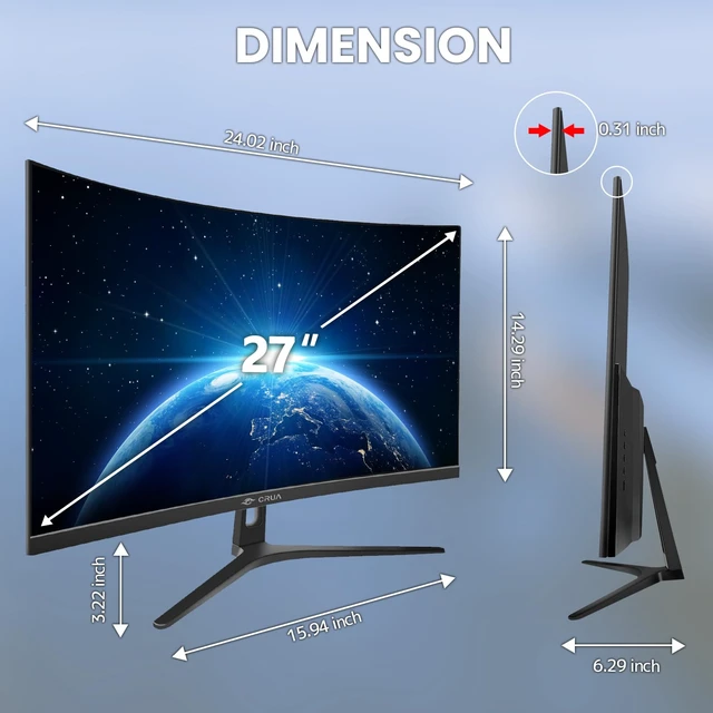 Alt view image 7 of 7 - 27" FHD 1080P 100Hz Curved Computer Monitor, 1800R, HDMI/VGA, Black VA Screen, 120%sRGB, Low Blue Light, Three-Sided Narrow Bezel and 100x100mm Wall Mount for Office, Dormitory, Movies and Work