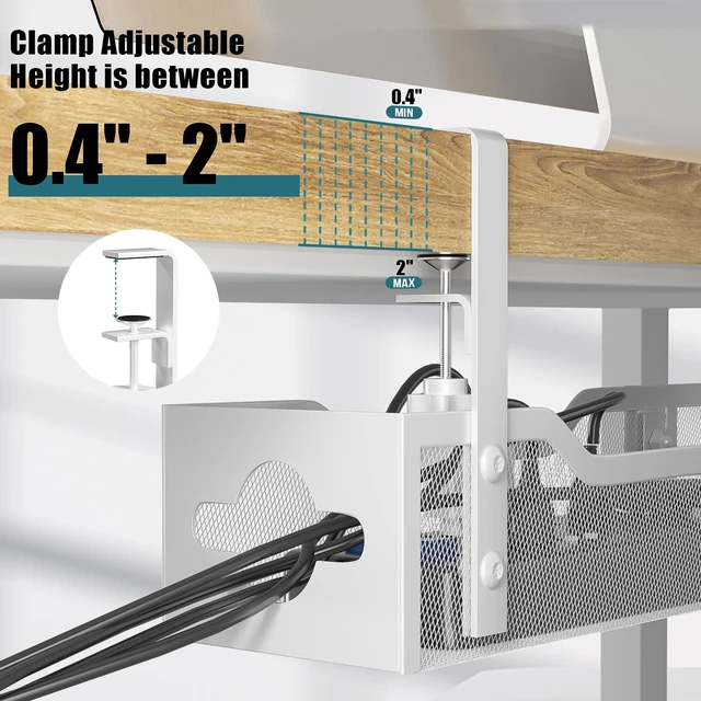Alt view image 2 of 7 - Under Desk Cable Management Tray White, Cable Management Under Desk No Drill, 25'' Cable Tray with Clamp for Wire Management, Cord Organizer for Office, Home - No Damage to Table