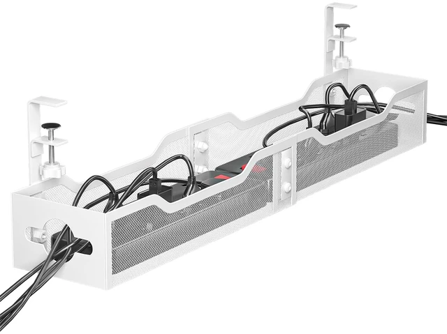 Main image of Under Desk Cable Management Tray White, Cable Management Under Desk No Drill, 25'' Cable Tray with Clamp for Wire Management, Cord Organizer for Office, Home - No Damage to Table