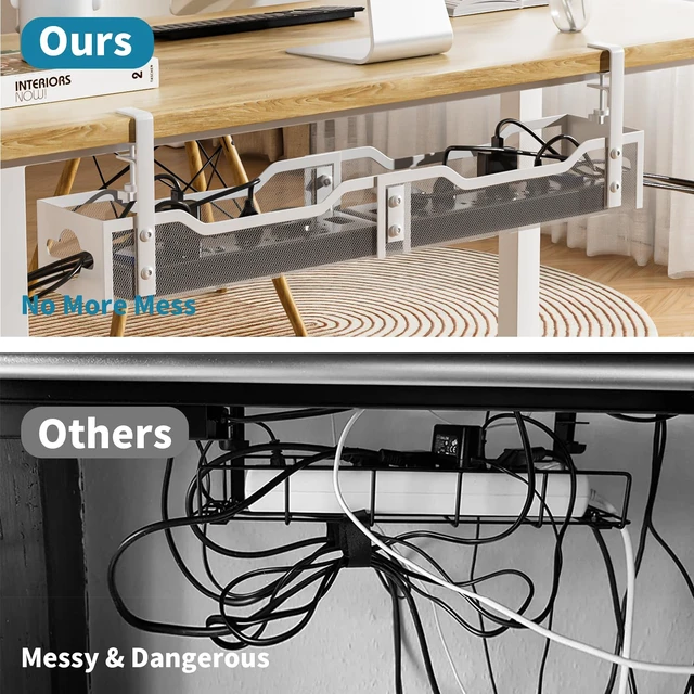 Alt view image 3 of 7 - Under Desk Cable Management Tray White, Cable Management Under Desk No Drill, 25'' Cable Tray with Clamp for Wire Management, Cord Organizer for Office, Home - No Damage to Table