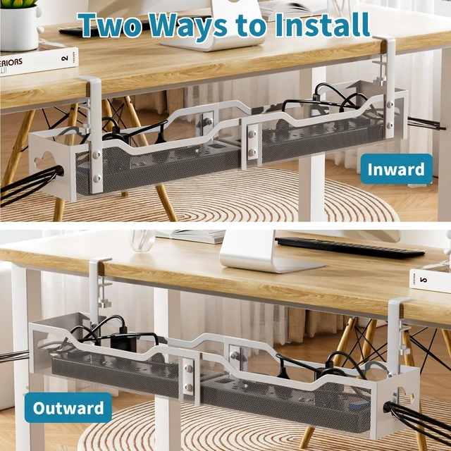 Alt view image 5 of 7 - Under Desk Cable Management Tray White, Cable Management Under Desk No Drill, 25'' Cable Tray with Clamp for Wire Management, Cord Organizer for Office, Home - No Damage to Table