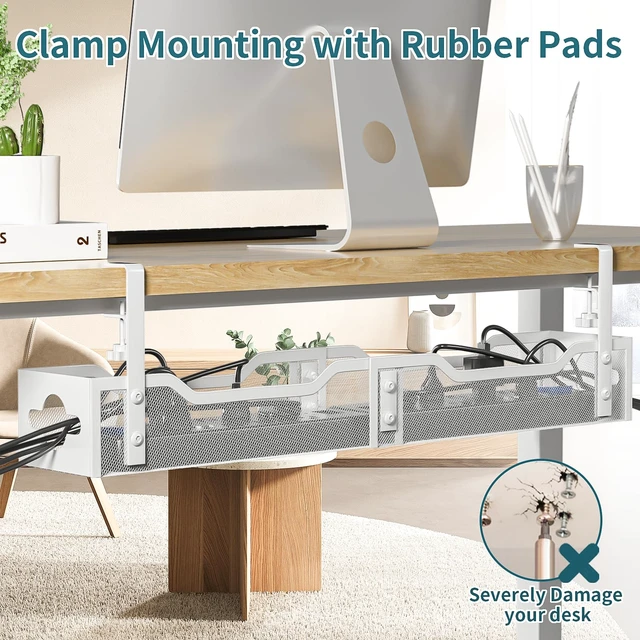 Alt view image 6 of 7 - Under Desk Cable Management Tray White, Cable Management Under Desk No Drill, 25'' Cable Tray with Clamp for Wire Management, Cord Organizer for Office, Home - No Damage to Table