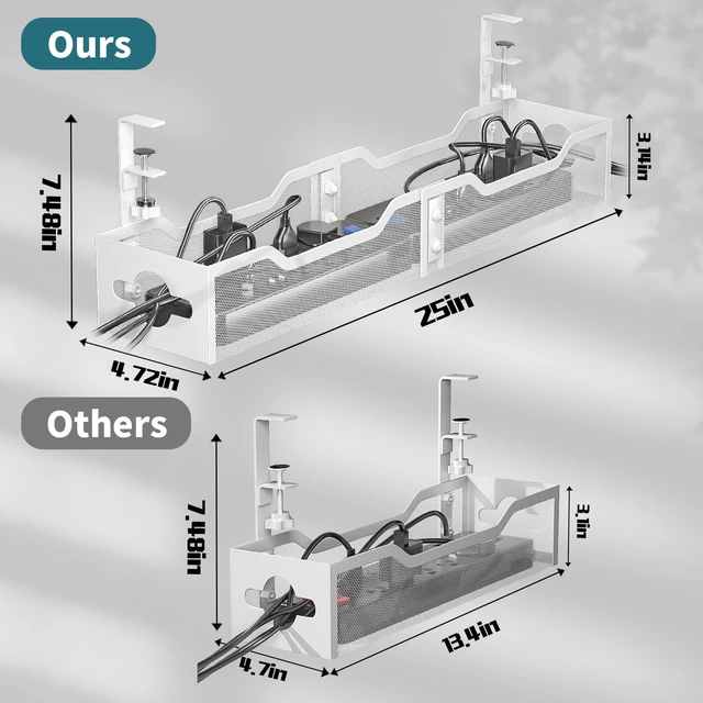 Alt view image 7 of 7 - Under Desk Cable Management Tray White, Cable Management Under Desk No Drill, 25'' Cable Tray with Clamp for Wire Management, Cord Organizer for Office, Home - No Damage to Table