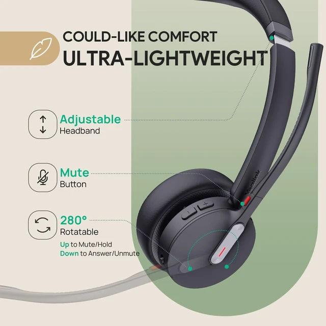 Alt view image 7 of 7 - BH70 Dual Wireless Headset with Mic for Work, Bluetooth Headphone with Teams Certification, up to 35h Talk Time, 147g All-Day Wearing Comfort, Perfect for Open Office Home Hybrid Work