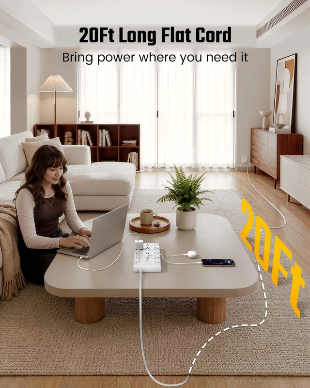 Alt view image 2 of 7 - 20Ft Extension Cord with Multiple Outlets, Flat Plug Power Strip 2100J, 13AC 2 USB C 2 USB A Charging Ports, Surge Protector, Desk Charging Station, Home Office, College Dorm Room Essentials