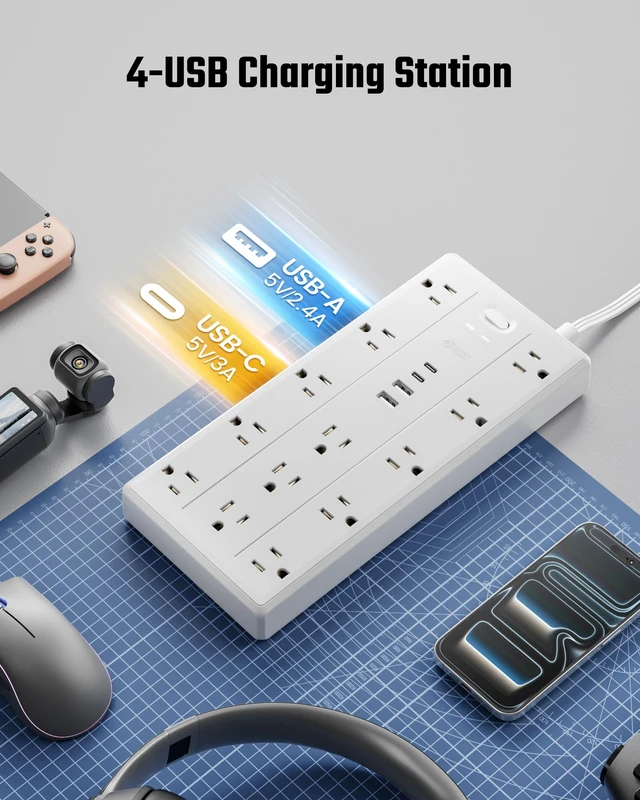 Alt view image 4 of 7 - 15Ft Extension Cord with Multiple Outlets, Flat Plug Power Strip 2100J, 13AC 2 USB C 2 USB A Charging Ports, Surge Protector, Desk Charging Station, Home Office, College Dorm Room Essentials