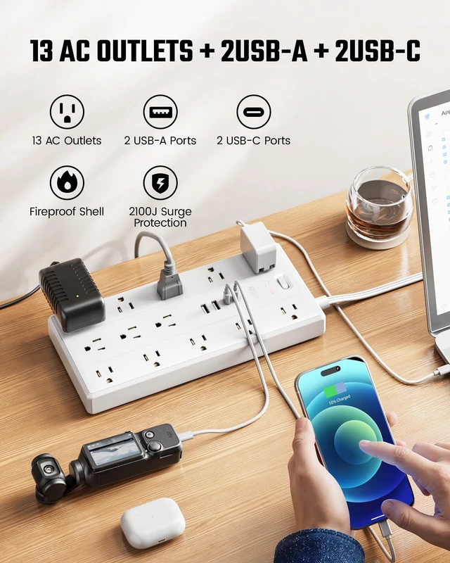 Alt view image 3 of 7 - 15Ft Extension Cord with Multiple Outlets, Flat Plug Power Strip 2100J, 13AC 2 USB C 2 USB A Charging Ports, Surge Protector, Desk Charging Station, Home Office, College Dorm Room Essentials