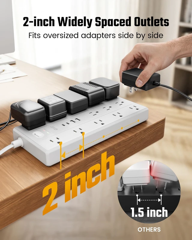 Alt view image 6 of 7 - 15Ft Extension Cord with Multiple Outlets, Flat Plug Power Strip 2100J, 13AC 2 USB C 2 USB A Charging Ports, Surge Protector, Desk Charging Station, Home Office, College Dorm Room Essentials