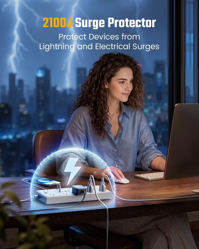Alt view image 7 of 7 - 15Ft Extension Cord with Multiple Outlets, Flat Plug Power Strip 2100J, 13AC 2 USB C 2 USB A Charging Ports, Surge Protector, Desk Charging Station, Home Office, College Dorm Room Essentials