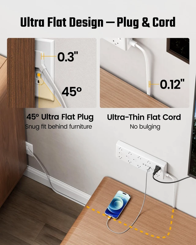 Alt view image 5 of 7 - 15Ft Extension Cord with Multiple Outlets, Flat Plug Power Strip 2100J, 13AC 2 USB C 2 USB A Charging Ports, Surge Protector, Desk Charging Station, Home Office, College Dorm Room Essentials