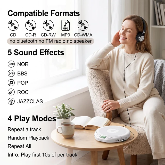 Alt view image 2 of 7 - CD Player Portable with Earphones, CD Discman AUX Cable for Car Home Personal Discman CD player,PROG memory, CD-R/RW MP3/WMA, Anti-skip shockproof protection, A-B repeat,LCD display