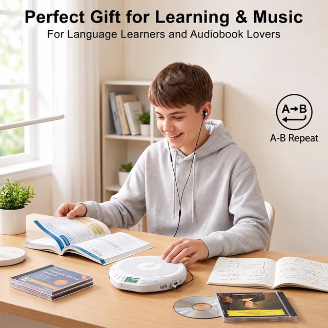 Alt view image 6 of 7 - CD Player Portable with Earphones, CD Discman AUX Cable for Car Home Personal Discman CD player,PROG memory, CD-R/RW MP3/WMA, Anti-skip shockproof protection, A-B repeat,LCD display