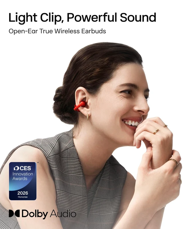 Alt view image 2 of 7 - OpenDots ONE Open-Ear Clip-On Bluetooth Earbuds, Red, Dolby Audio Clip-on design; Open ear awareness; Lightweight secure fit; Dolby Audio; 40H listening; Travel/Commuting/Yoga