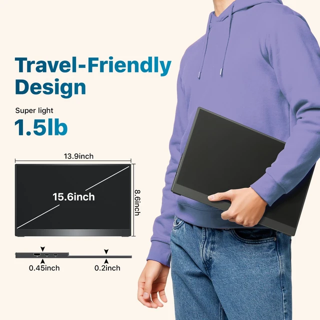 Alt view image 5 of 7 - Portable Monitor for Laptop MacBook Surface PC Xbox PS5, Travel Monitor Second Screen for Laptop, HDMI USB-C VESA Compatible Built-in Speaker, 15.6inch
