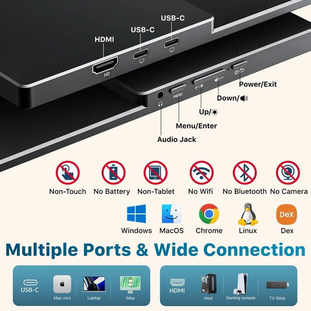 Alt view image 6 of 7 - Portable Monitor for Laptop MacBook Surface PC Xbox PS5, Travel Monitor Second Screen for Laptop, HDMI USB-C VESA Compatible Built-in Speaker, 15.6inch