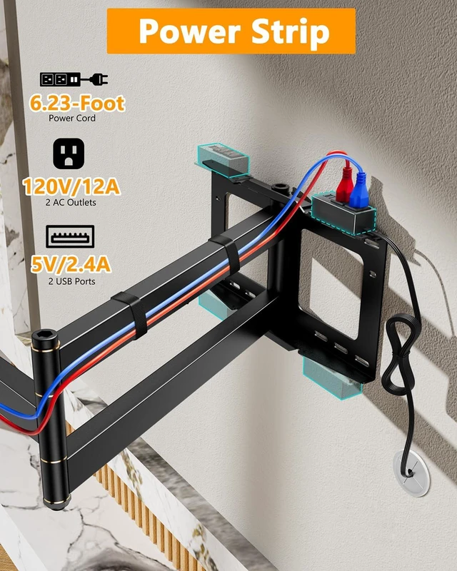Alt view image 2 of 7 - 48" Long Arm Rotating TV Wall Mount w/Power Strip 26-65TV by Portrait Vertical 180° Rotating Heavy Duty TV Wall Mount w/ Power Outlet, VESA 400x400mm, Holds 110 lbs, 16'' Wood Stud Walls