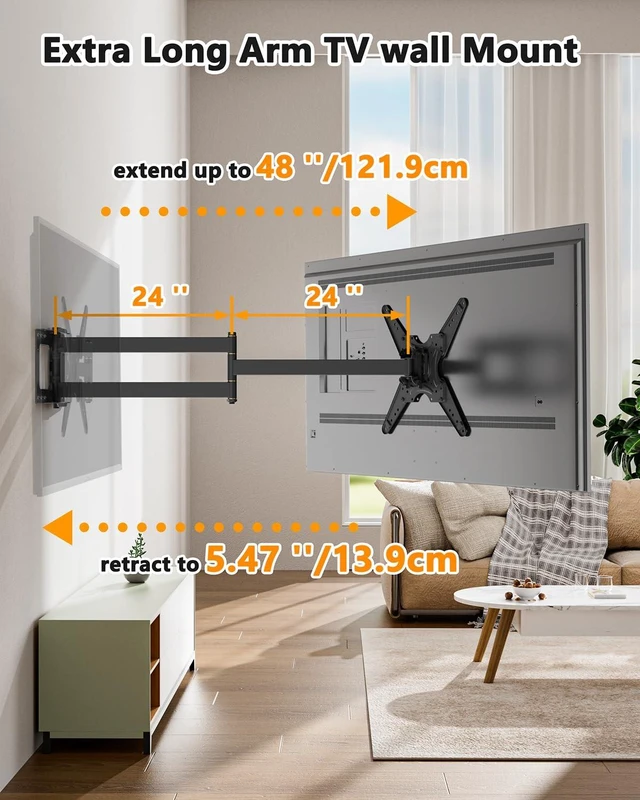 Alt view image 3 of 7 - 48" Long Arm Rotating TV Wall Mount w/Power Strip 26-65TV by Portrait Vertical 180° Rotating Heavy Duty TV Wall Mount w/ Power Outlet, VESA 400x400mm, Holds 110 lbs, 16'' Wood Stud Walls